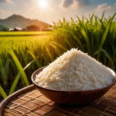 Foto op Canvas Grains of rice with a background of padi field for farm agriculture © Kheng Guan Toh