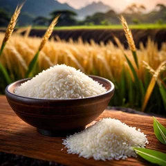 Foto op Canvas Grains of rice with a background of padi field for farm agriculture © Kheng Guan Toh