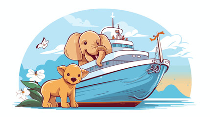 Obraz na płótnie Canvas Dog and baby elephant on ship. Animals swim together