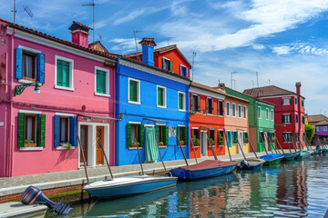 A colorful row of houses along the canal in Burano, Italy. The buildings have bright colors and are near boats docked at their sides. In front is blue sky with white clouds - obrazy, fototapety, plakaty