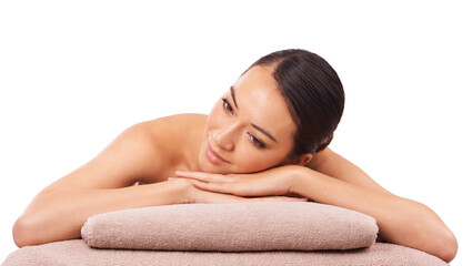 Relax, spa and woman for wellness, massage therapy and luxury treatment for stress relief on white...