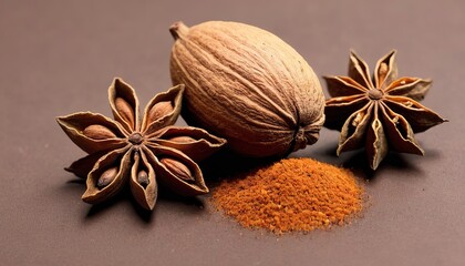 Fototapeta na wymiar Spices nutmeg, star anise and cardamom