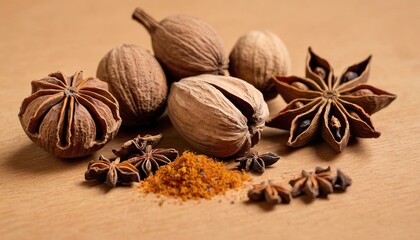 Spices nutmeg, star anise and cardamom