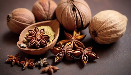 Obraz na płótnie Canvas Spices nutmeg, star anise and cardamom