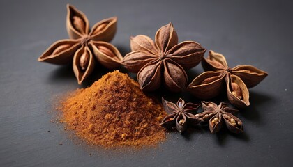 Spices nutmeg, star anise and cardamom