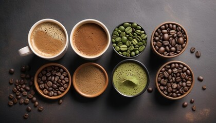 Obraz na płótnie Canvas Various types coffee. Green raw coffee, ground coffee, roasted coffee beans