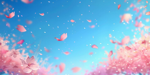 Fototapeta premium pink blossoms falling from the sky on blue sky background, pink cherry blossoms wallpaper banner, empty space background