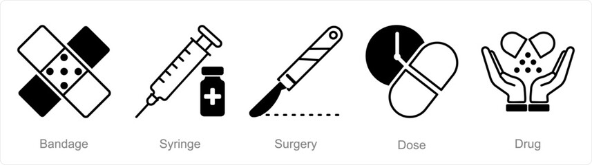 A set of 5 Pharmacy icons as bandage, syringe, surgery