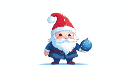 A cute gnome holding a Christmas ball stands 