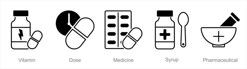 A set of 5 Pharmacy icons as vitamin, dose, medicine