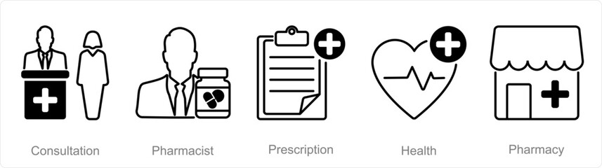 A set of 5 Pharmacy icons as consultation, pharmacist, prescription - obrazy, fototapety, plakaty