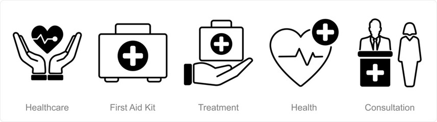 A set of 5 Pharmacy icons as health care, first aid kit, treatment