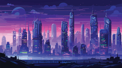 A futuristic cityscape with neon lights and holograph