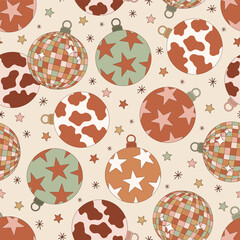 Groovy Howdy Christmas tree balls ornated with stars cow spots and disco ball shape vector seamless pattern. Hand drawn retro Xmas December 31 holiday season wild west aesthetic background. Perfect - 765431499