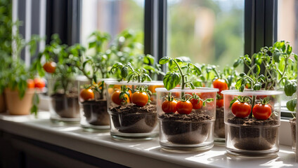 Growing homemade tomatoes at home on the windowsill, kitchen garden, seedlings for planting in the spring - obrazy, fototapety, plakaty