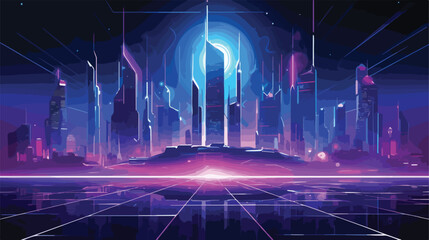 A futuristic cityscape with neon lights and holograph - obrazy, fototapety, plakaty