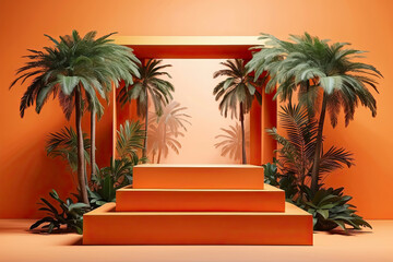 Empty podium for demonstration and installation of product on orange background with palm trees and tropical plants and sunlight, on theme of relaxation and travel to tropics, summer, beach resort