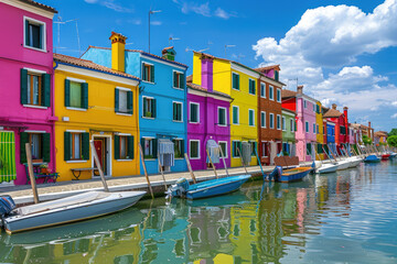 Fototapeta na wymiar A colorful row of houses along the canal in Burano, Italy. The buildings have bright colors and are near boats docked at their sides. In front is blue sky with white clouds