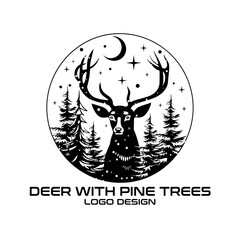 Deer With Pine Trees Vector Logo Design