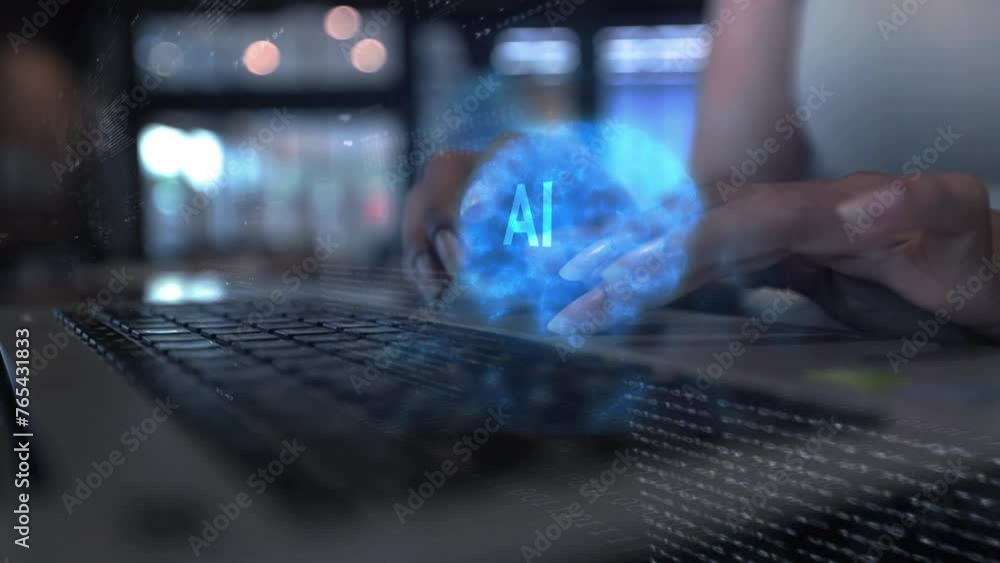 Aufkleber business woman uses brain ai artificial intelligence brain on big data matrix animation big data pro