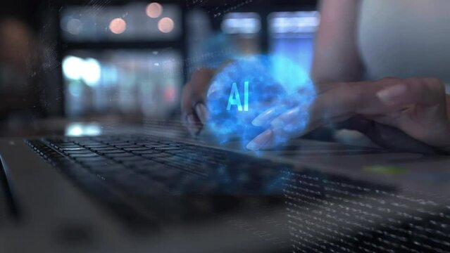 business woman uses brain AI artificial intelligence brain on big data matrix Animation Big Data Processing, Science, Generative technology, commands, prompts
