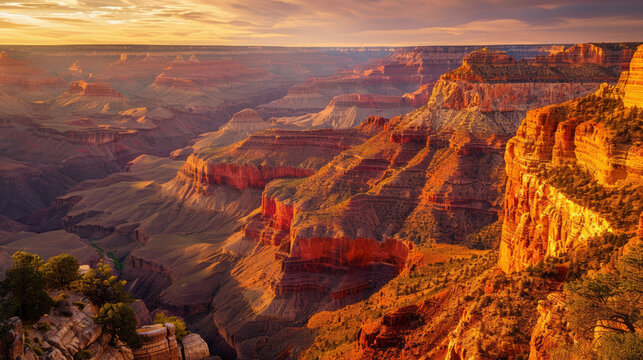 The image captures a stunning sunrise casting warm hues over the Grand Canyon's majestic cliffs and valleys