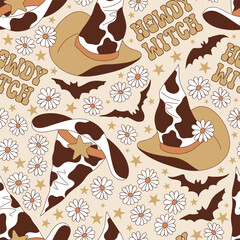 Groovy Western Halloween cow spots printed cowgirl sheriff witch hat costume vector seamless pattern. Hand drawn retro October 31 holiday howdy wild west aesthetic background.