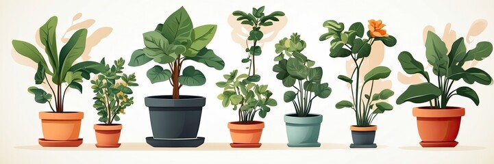Fototapeta premium Popular Potted plants illustration on solid background, in pots - philodendron, ficus, alokasia
