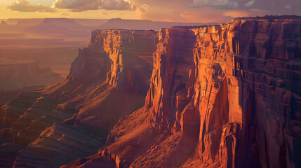 Warm sunset light accentuates the grandeur of towering desert cliffs and deep canyons