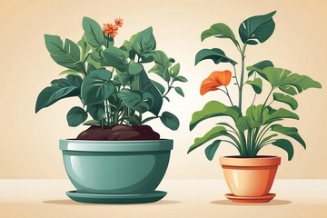 Obraz premium Popular Potted plants illustration on solid background, in pots - philodendron, ficus, alokasia
