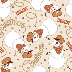 Groovy Howdy Christmas snowman cowboy in hat and bandana vector seamless pattern. Hand drawn retro Xmas December 31 holiday season wild west aesthetic background. Perfect for gifts wrapping paper - 765432670