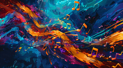 A mesmerizing composition of colorful music notes creates an abstract melody. - obrazy, fototapety, plakaty