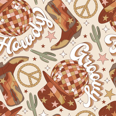 Groovy howdy western disco ball in cowboy hat rodeo boots rope peace sign vector seamless pattern. Hand drawn retro 60s 70s hippie wild west aesthetic background. - 765432803