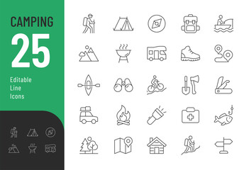Camping Line Editable Icons set. Vector illustration in modern thin line style of outdoor activities related icons: hiking, fishing, mountain biking, and more. Pictograms and infographics for mobile. - obrazy, fototapety, plakaty