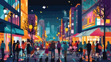 Fotobehang A bustling city street at night with colorful light © Ideas