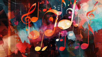 An illustration captures the essence of music with vibrant notation symbols. - obrazy, fototapety, plakaty