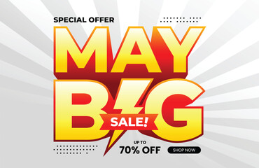 May Big Sale text with extrude effect and lightning icon. For banner, poster, header, logo, template, social media, website. Vector Illustration