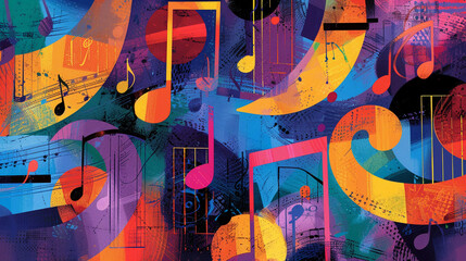 An illustration captures the essence of music with vibrant notation symbols. - obrazy, fototapety, plakaty