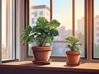 Fototapeta premium Popular Potted plants illustration On the window sill of the house window, in pots - philodendron, ficus, Monstera. 