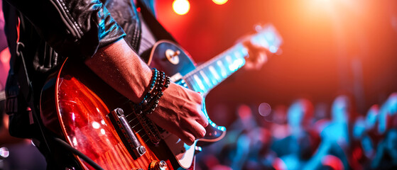 Obraz premium Close up of male hands playing on electric guitar on concert stage. Musician performance. Rock, metal, grunge style. Blurred background. Banner, flyer illustration. Generative ai