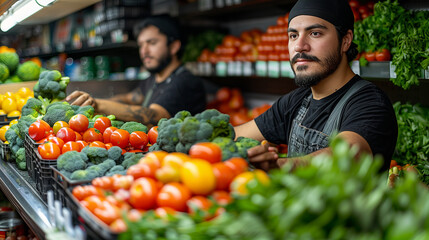 Workers stocking store shelves with fresh products/produce.