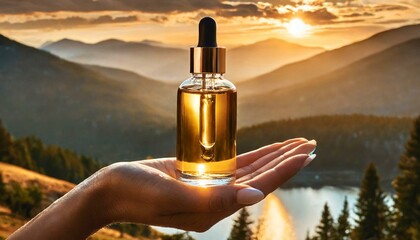 Naklejka premium Golden Hour Glamour: Cosmetic Product Serum Mockup on Sunlit Brown Background