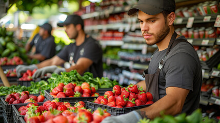 Workers stocking store shelves with fresh products/produce.