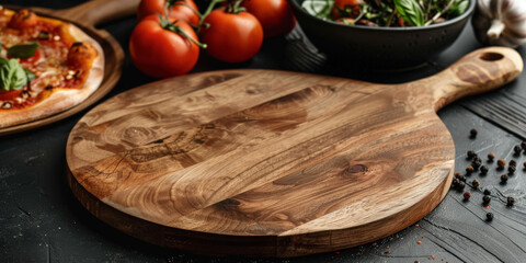 a round wooden pizza board with handle, Chopping board. Empty round wooden cutting board on dark background, top view, flat lay - obrazy, fototapety, plakaty