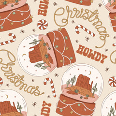 Groovy Howdy Christmas glass snow globe with desert landscape vector seamless pattern. Hand drawn retro Xmas December 31 holiday season wild west aesthetic background. Perfect for gifts wrapping paper - 765433639