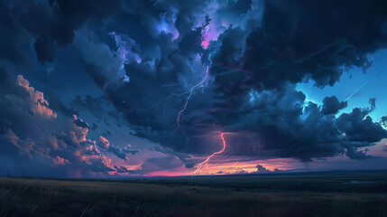 A vivid lightning storm rolls over a prairie, casting electric pink and purple hues across the verdant plains