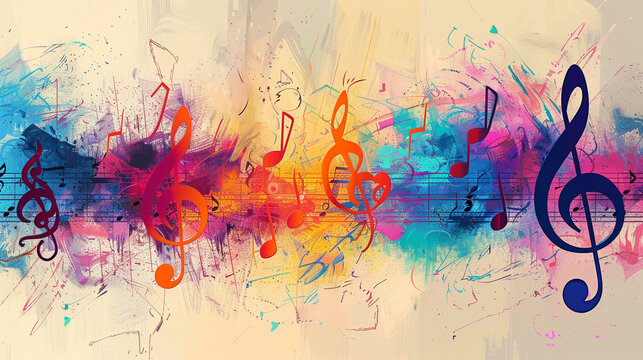 Colorful musical notation symbols form a vibrant melody on the abstract background.