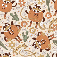 Groovy western Halloween cute catroon character cowboy pumpkin among flowers and cactus vector seamless pattern. Hand drawn retro October 31 holiday howdy wild west aesthetic floral background. - 765433807
