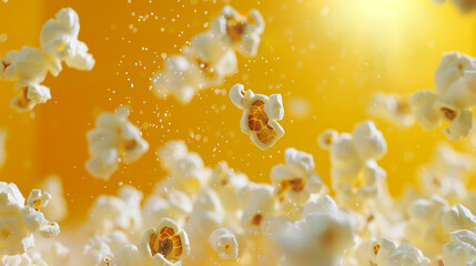 Popcorn takes flight against a backdrop of pure yellow. - obrazy, fototapety, plakaty