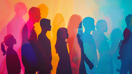 Silhouettes of people in different generations form a vibrant tableau.